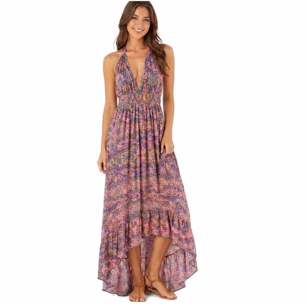Earthbound Trading Co Pink Paisley Gold Foil Halter Hi-Low Maxi Dress Large